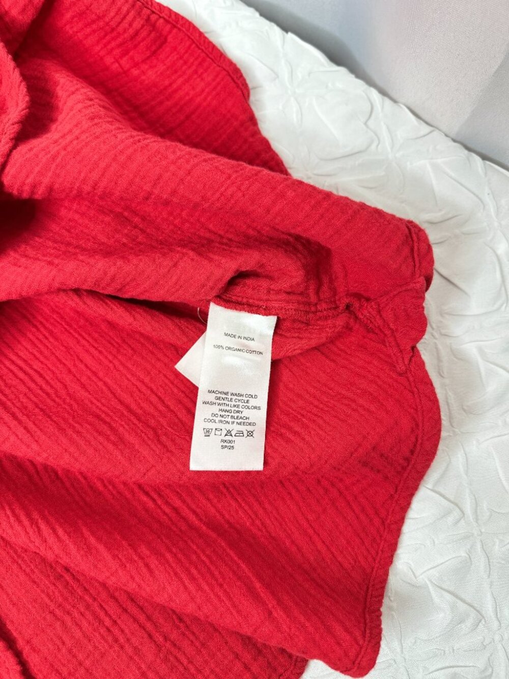 Quince Gauze Cotton Red Short Sleeve Blouse, Large Resort Minimalist Lagenlook - Picture 7 of 9